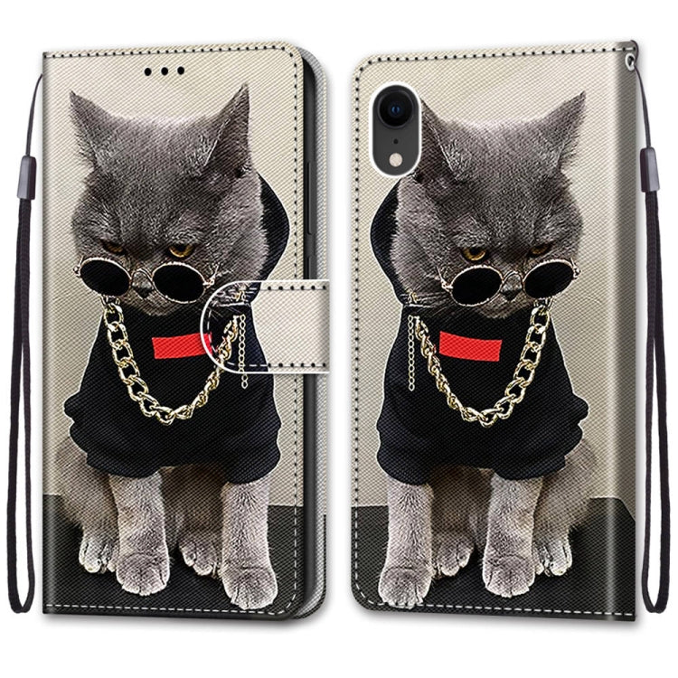 For iPhone XR Coloured Drawing Cross Texture Horizontal Flip PU Leather Case with Holder & Card Slots & Wallet & Lanyard(B09 Golden Chain Grey Cat) by buy2fix