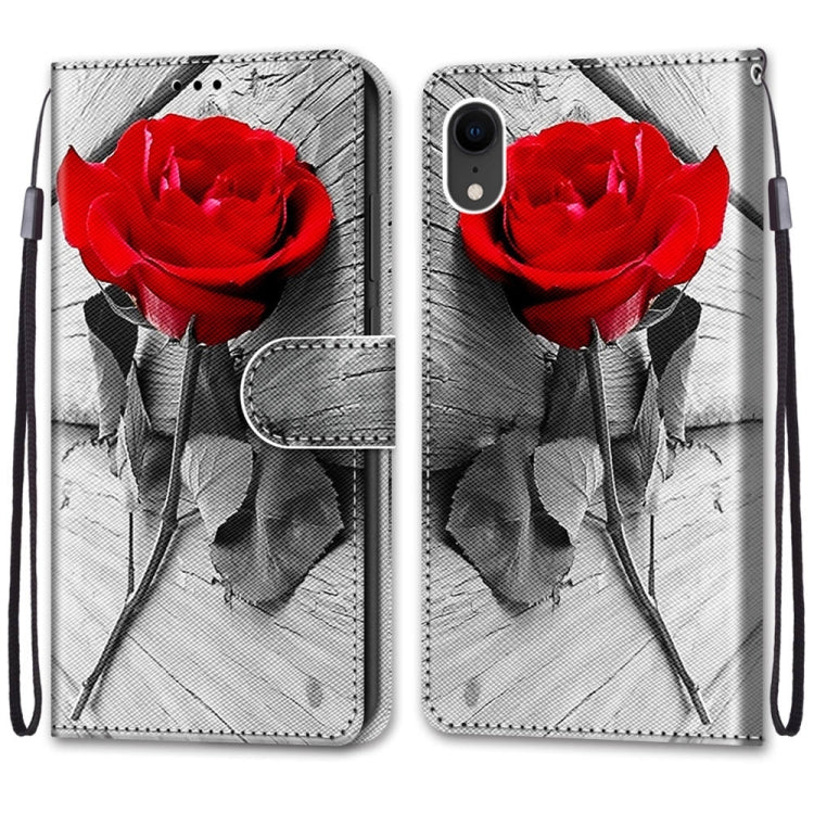 For iPhone XR Coloured Drawing Cross Texture Horizontal Flip PU Leather Case with Holder & Card Slots & Wallet & Lanyard(B10 Wood Red Rose) by buy2fix