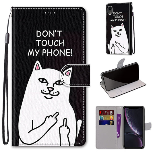 For iPhone XR Coloured Drawing Cross Texture Horizontal Flip PU Leather Case with Holder & Card Slots & Wallet & Lanyard(Middle Finger White Cat) by buy2fix