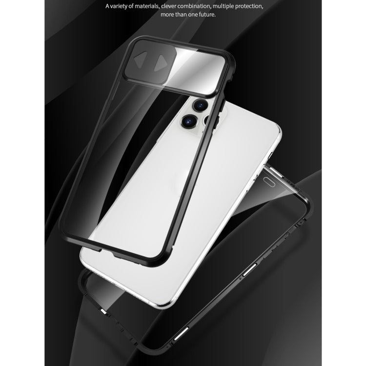 For iPhone 12 mini Sliding Lens Cover Mirror Design Four-corner Shockproof Magnetic Metal Frame Double-sided Tempered Glass Case (Silver) by buy2fix