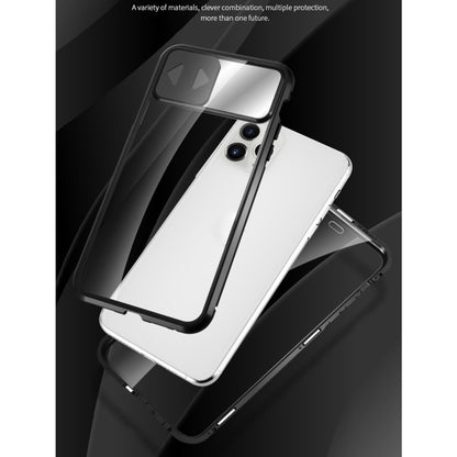 For iPhone 12 mini Sliding Lens Cover Mirror Design Four-corner Shockproof Magnetic Metal Frame Double-sided Tempered Glass Case (Silver) by buy2fix
