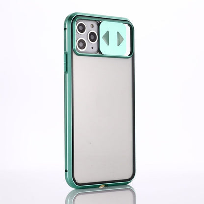 For iPhone 12 mini Sliding Lens Cover Mirror Design Four-corner Shockproof Magnetic Metal Frame Double-sided Tempered Glass Case (Silver) by buy2fix