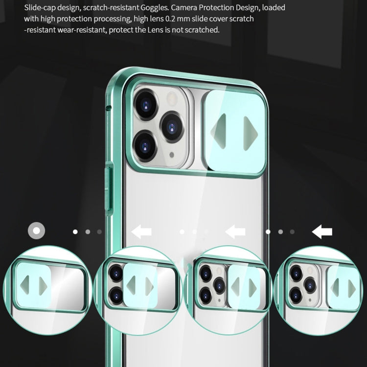 For iPhone 12 mini Sliding Lens Cover Mirror Design Four-corner Shockproof Magnetic Metal Frame Double-sided Tempered Glass Case (Silver) by buy2fix