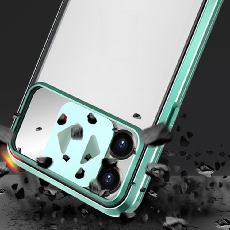 For iPhone 12 mini Sliding Lens Cover Mirror Design Four-corner Shockproof Magnetic Metal Frame Double-sided Tempered Glass Case (Silver) by buy2fix