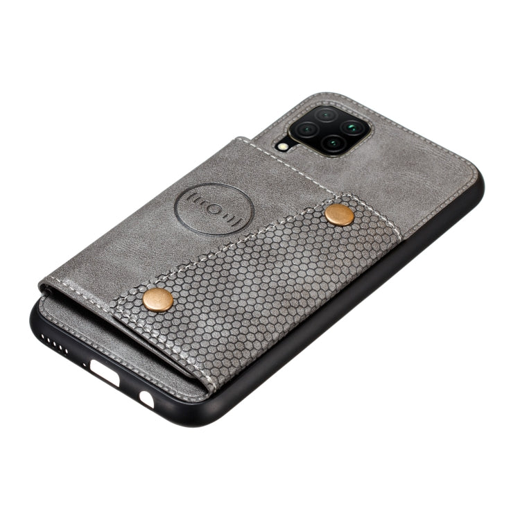 For Samsung Galaxy A12 Double Buckle PU + TPU Shockproof Magnetic Protective Case with Card Slot & Holder(Grey) by buy2fix