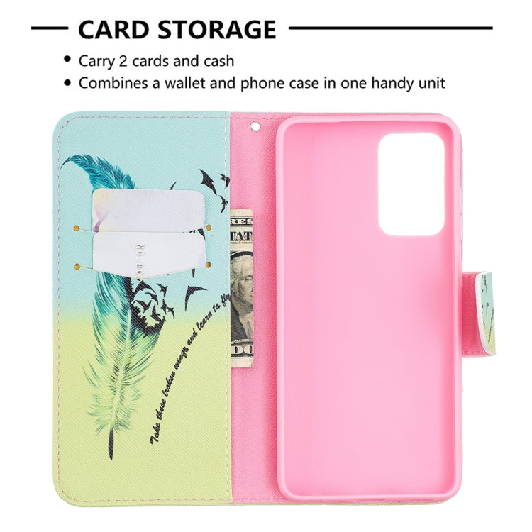 For Samsung Galaxy A52 5G / 4G Colored Drawing Pattern Horizontal Flip Leather Case with Holder & Card Slots & Wallet(Feather) by buy2fix