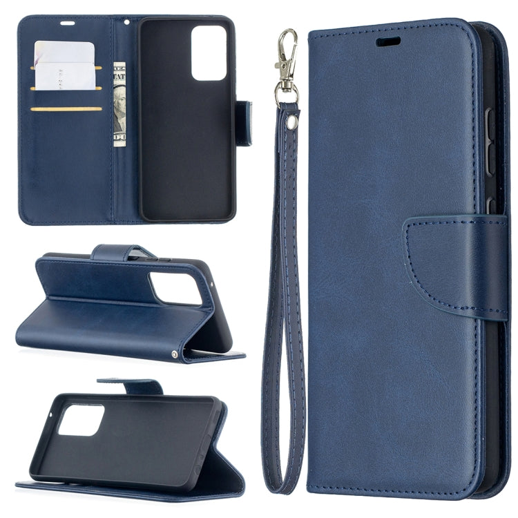 For Samsung Galaxy A52 5G Retro Lambskin Texture Pure Color Horizontal Flip PU Leather Case with Holder & Card Slots & Wallet & Lanyard(Blue) by buy2fix