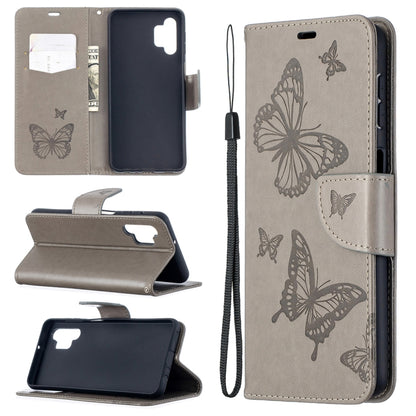 For Samsung Galaxy A32 5G Embossing Two Butterflies Pattern Horizontal Flip PU Leather Case with Holder & Card Slot & Wallet & Lanyard(Grey) by buy2fix