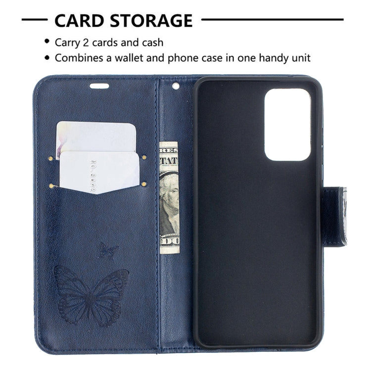 For Samsung Galaxy A52 5G / 4G Embossing Two Butterflies Pattern Horizontal Flip PU Leather Case with Holder & Card Slot & Wallet & Lanyard(Blue) by buy2fix