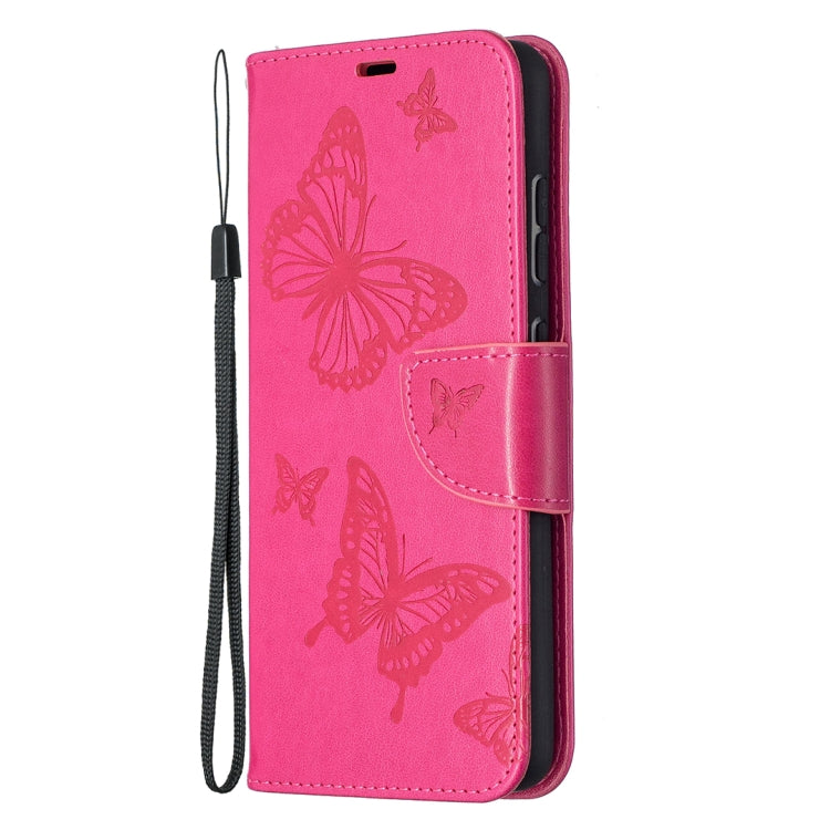 For Samsung Galaxy A52 5G / 4G Embossing Two Butterflies Pattern Horizontal Flip PU Leather Case with Holder & Card Slot & Wallet & Lanyard(Rose Red) by buy2fix