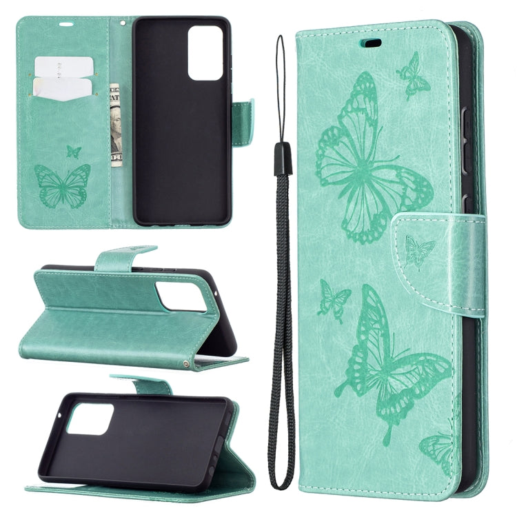 For Samsung Galaxy A72 5G / 4G Embossing Two Butterflies Pattern Horizontal Flip PU Leather Case with Holder & Card Slot & Wallet & Lanyard(Green) by buy2fix