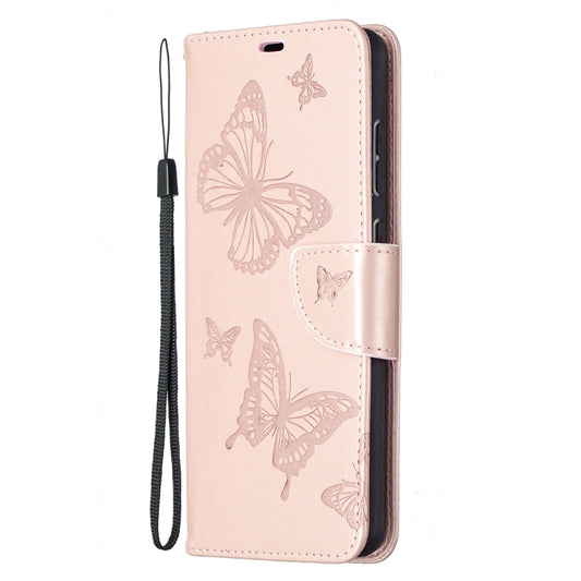 For SamsungGalaxy A72 5G / 4G Embossing Two Butterflies Pattern Horizontal Flip PU Leather Case with Holder & Card Slot & Wallet & Lanyard(Rose Gold) by buy2fix