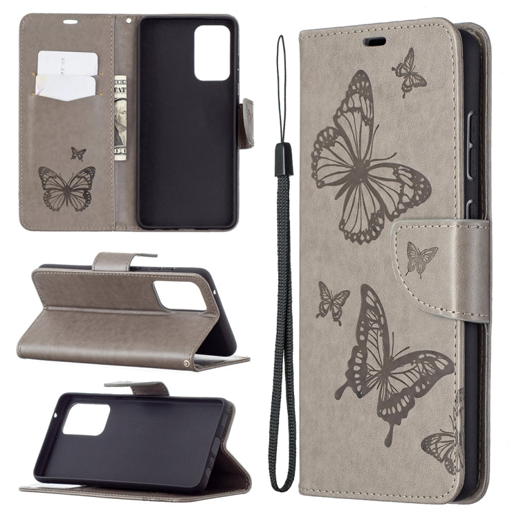 For Samsung Galaxy A72 5G / 4G Embossing Two Butterflies Pattern Horizontal Flip PU Leather Case with Holder & Card Slot & Wallet & Lanyard(Grey) by buy2fix
