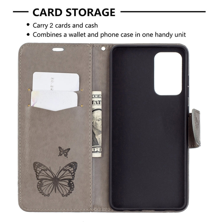 For Samsung Galaxy A72 5G / 4G Embossing Two Butterflies Pattern Horizontal Flip PU Leather Case with Holder & Card Slot & Wallet & Lanyard(Grey) by buy2fix