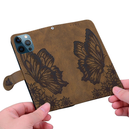 For iPhone 12 Pro Max Retro Skin Feel Butterflies Embossing Horizontal Flip Leather Case with Holder & Card Slots & Wallet(Brown) by buy2fix