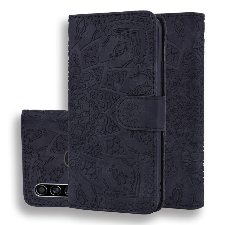 For Galaxy A20s Calf Pattern Mandala Double Folding Design Embossed Leather Case with Wallet & Holder & Card Slots(Black) by buy2fix