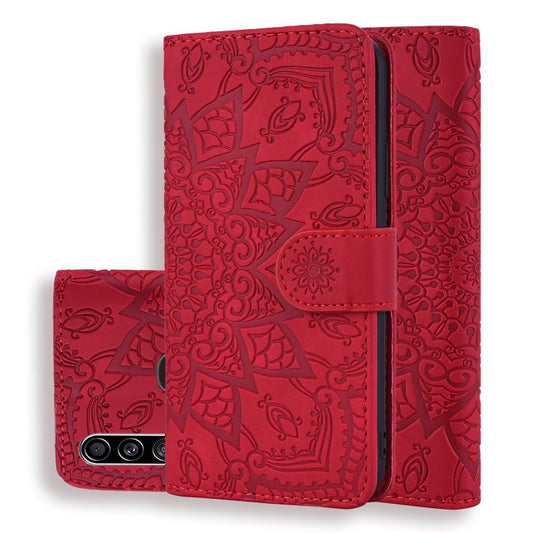 For Galaxy A20s Calf Pattern Mandala Double Folding Design Embossed Leather Case with Wallet & Holder & Card Slots(Red) by buy2fix