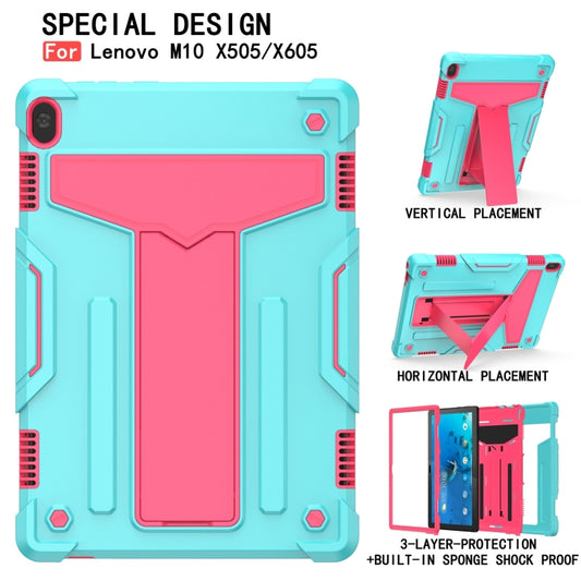 For Lenovo M10 FHD REL TB-X605F T-shaped Bracket Contrast Color Shockproof PC + Silicone Protective Case(Mint Green + Rose Red) by buy2fix
