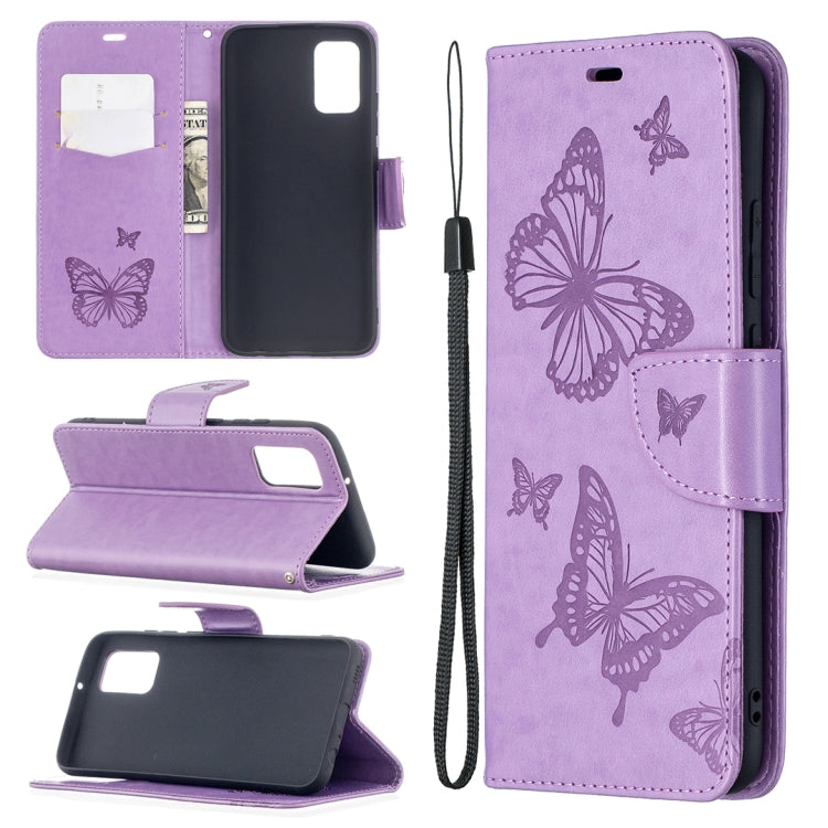 For Samsung Galaxy A02s (EU Version) Embossing Two Butterflies Pattern Horizontal Flip PU Leather Case with Holder & Card Slot & Wallet & Lanyard(Purple) by buy2fix