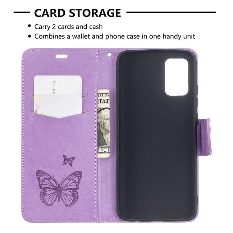 For Samsung Galaxy A02s (EU Version) Embossing Two Butterflies Pattern Horizontal Flip PU Leather Case with Holder & Card Slot & Wallet & Lanyard(Purple) by buy2fix