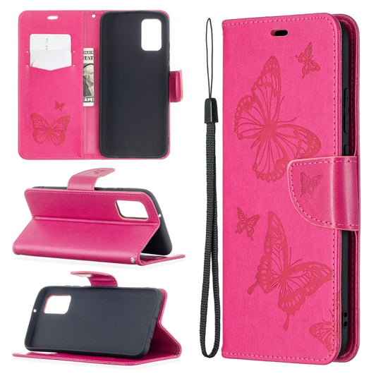 For Samsung Galaxy A02s (EU Version) Embossing Two Butterflies Pattern Horizontal Flip PU Leather Case with Holder & Card Slot & Wallet & Lanyard(Rose Red) by buy2fix