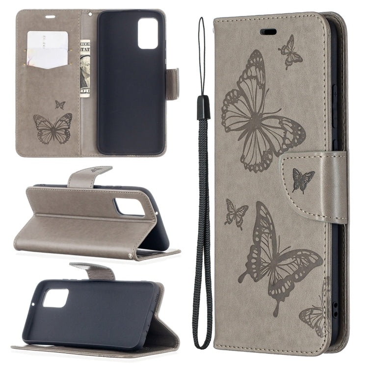For Samsung Galaxy A02s (EU Version) Embossing Two Butterflies Pattern Horizontal Flip PU Leather Case with Holder & Card Slot & Wallet & Lanyard(Grey) by buy2fix