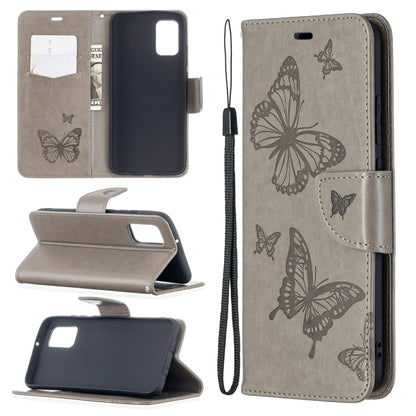 For Samsung Galaxy A02s (EU Version) Embossing Two Butterflies Pattern Horizontal Flip PU Leather Case with Holder & Card Slot & Wallet & Lanyard(Grey) by buy2fix