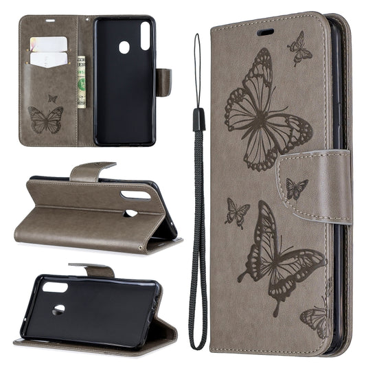 For Galaxy A20s Two Butterflies Embossing Pattern Horizontal Flip Leather Case with Holder & Card Slot & Wallet & Lanyard(Grey) by buy2fix