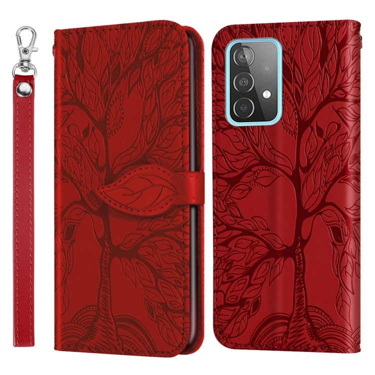 For Samsung Galaxy A52 5G / 4G Life of Tree Embossing Pattern Horizontal Flip Leather Case with Holder & Card Slot & Wallet & Photo Frame & Lanyard(Red) by buy2fix