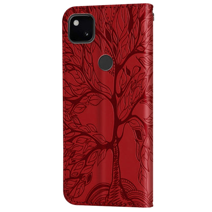 For Google Pixel 4a 5G Life of Tree Embossing Pattern Horizontal Flip Leather Case with Holder & Card Slot & Wallet & Photo Frame & Lanyard(Red) by buy2fix