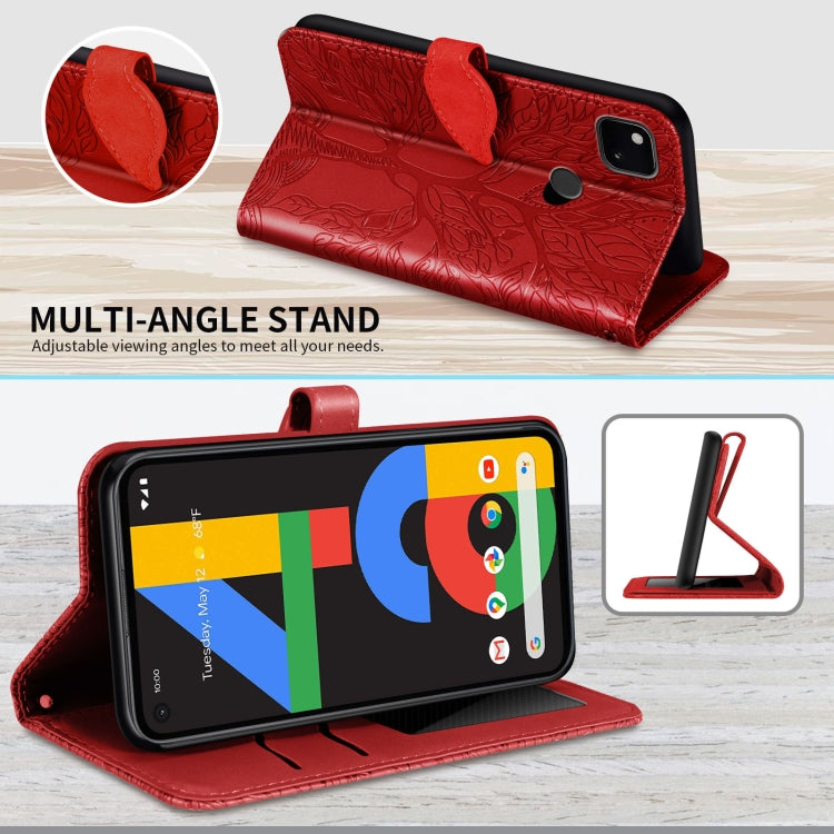 For Google Pixel 4a 5G Life of Tree Embossing Pattern Horizontal Flip Leather Case with Holder & Card Slot & Wallet & Photo Frame & Lanyard(Red) by buy2fix