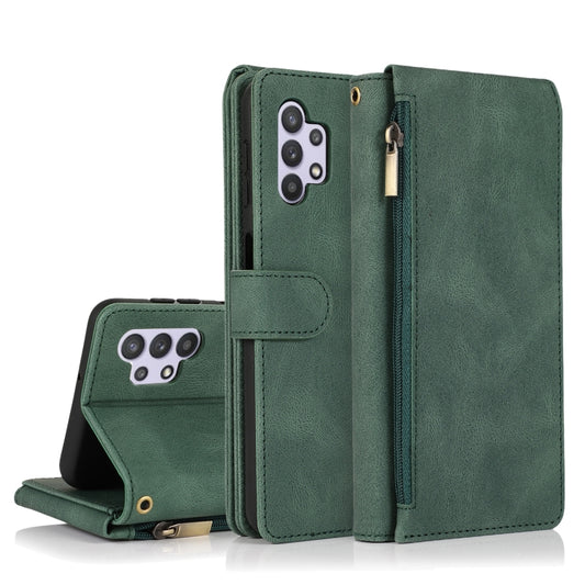 For Samsung Galaxy A32 5G Skin-feel Crazy Horse Texture Zipper Wallet Bag Horizontal Flip Leather Case with Holder & Card Slots & Wallet & Lanyard(Dark Green) by buy2fix