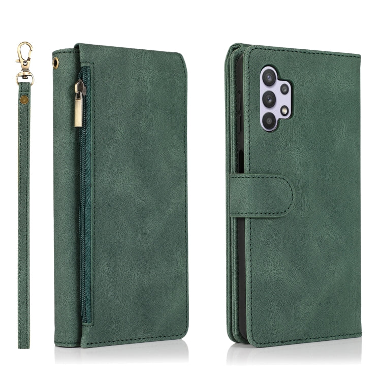 For Samsung Galaxy A32 5G Skin-feel Crazy Horse Texture Zipper Wallet Bag Horizontal Flip Leather Case with Holder & Card Slots & Wallet & Lanyard(Dark Green) by buy2fix