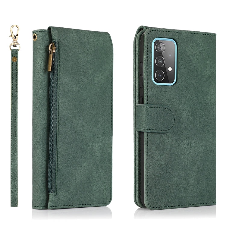 For Samsung Galaxy A52 5G Skin-feel Crazy Horse Texture Zipper Wallet Bag Horizontal Flip Leather Case with Holder & Card Slots & Wallet & Lanyard(Dark Green) by buy2fix