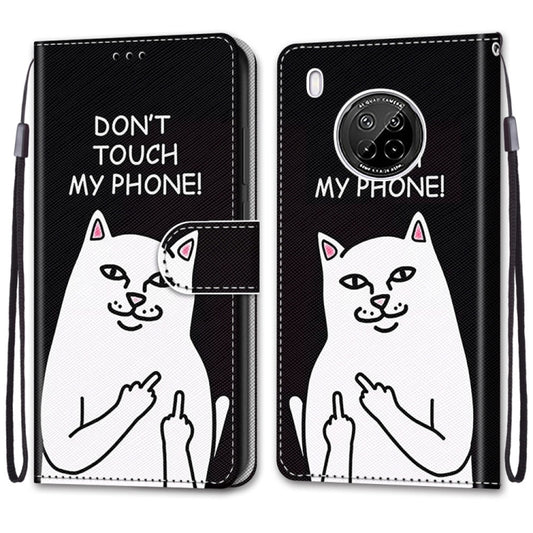 For Huawei Y9a Coloured Drawing Cross Texture Horizontal Flip PU Leather Case with Holder & Card Slots & Wallet & Lanyard(Middle Finger White Cat) by buy2fix