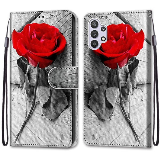 For Samsung Galaxy A32 5G Coloured Drawing Cross Texture Horizontal Flip PU Leather Case with Holder & Card Slots & Wallet & Lanyard(Wood Red Rose) by buy2fix