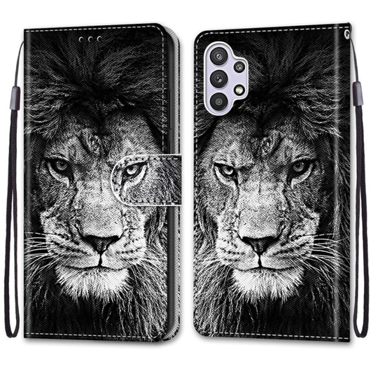 For Samsung Galaxy A32 5G Coloured Drawing Cross Texture Horizontal Flip PU Leather Case with Holder & Card Slots & Wallet & Lanyard(Black White Lion Head) by buy2fix