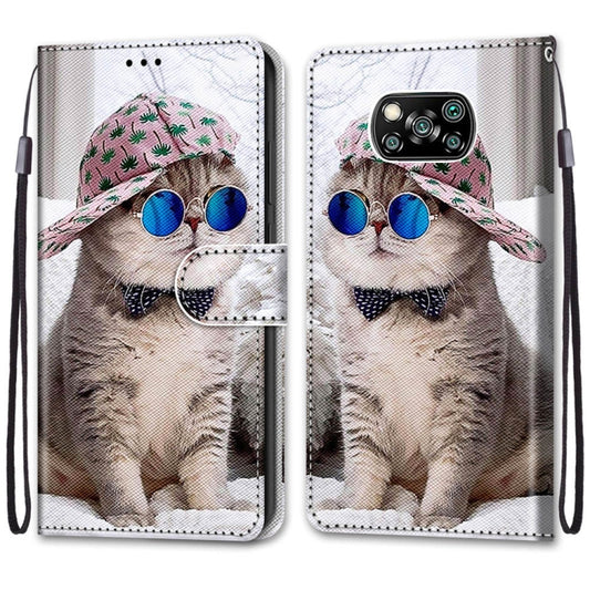 For Xiaomi Poco X3 NPC Coloured Drawing Cross Texture Horizontal Flip PU Leather Case with Holder & Card Slots & Wallet & Lanyard(Slant Hat Blue Mirror Cat) by buy2fix
