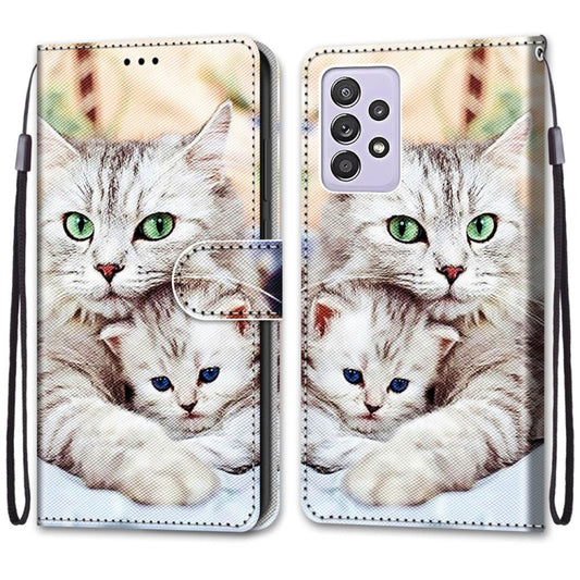For Samsung Galaxy A52 5G Coloured Drawing Cross Texture Horizontal Flip PU Leather Case with Holder & Card Slots & Wallet & Lanyard(Big Cat Holding Kitten) by buy2fix