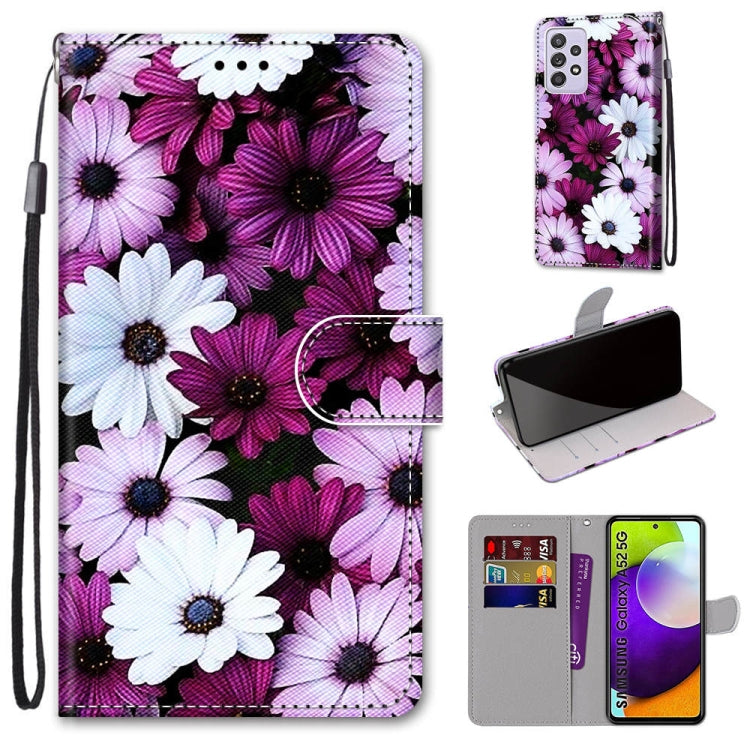 For Samsung Galaxy A52 5G Coloured Drawing Cross Texture Horizontal Flip PU Leather Case with Holder & Card Slots & Wallet & Lanyard(Chrysanthemum Pink White Purple) by buy2fix
