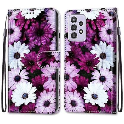 For Samsung Galaxy A52 5G Coloured Drawing Cross Texture Horizontal Flip PU Leather Case with Holder & Card Slots & Wallet & Lanyard(Chrysanthemum Pink White Purple) by buy2fix