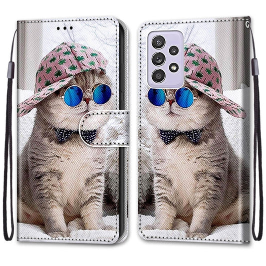 For Samsung Galaxy A52 5G Coloured Drawing Cross Texture Horizontal Flip PU Leather Case with Holder & Card Slots & Wallet & Lanyard(Slant Hat Blue Mirror Cat) by buy2fix