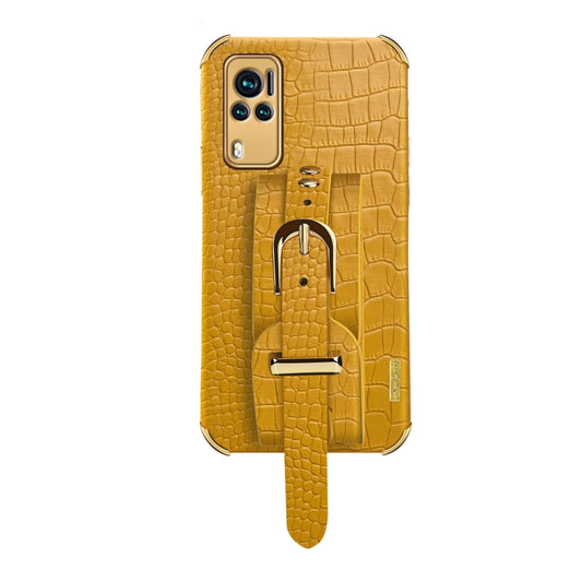 Electroplated TPU Crocodile Pattern Leather Case with Wrist Strap For vivo X60(Yellow) by buy2fix