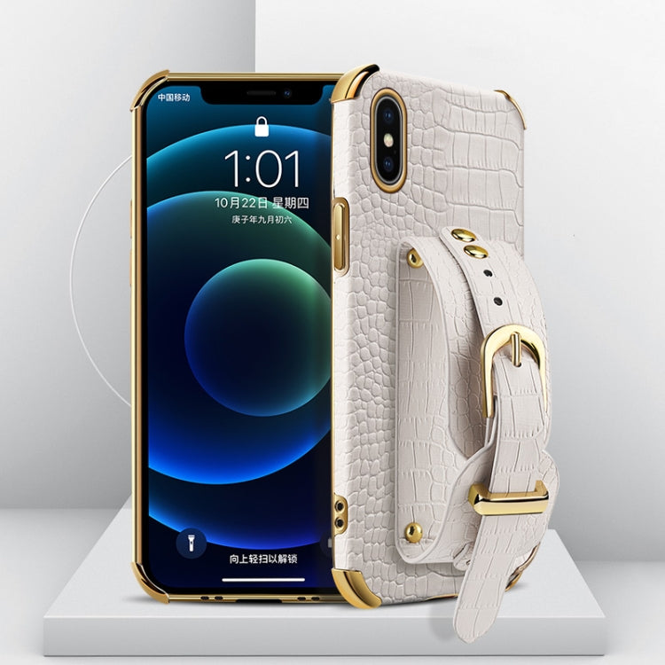 For iPhone X / XS Electroplated TPU Crocodile Pattern Leather Case with Wrist Strap(White) by buy2fix