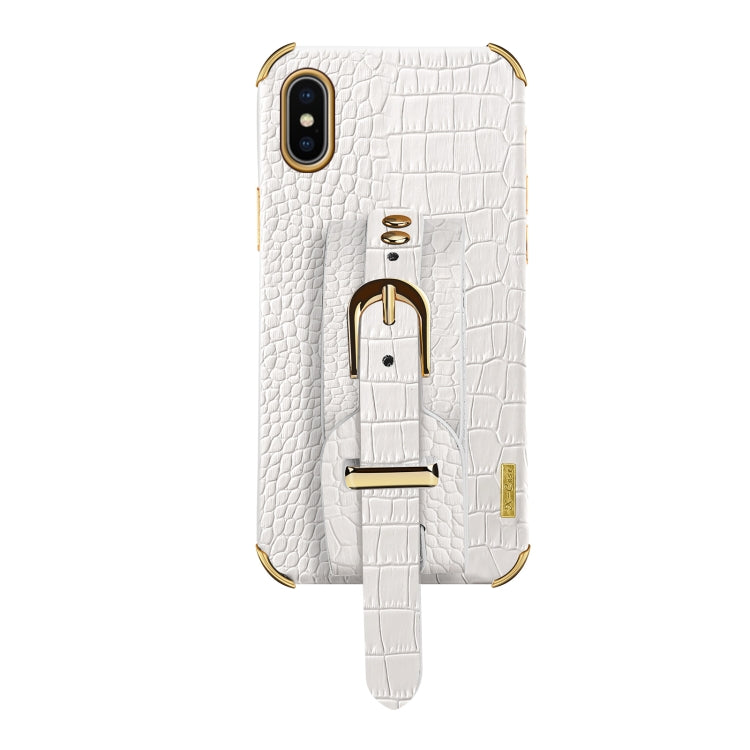 For iPhone X / XS Electroplated TPU Crocodile Pattern Leather Case with Wrist Strap(White) by buy2fix