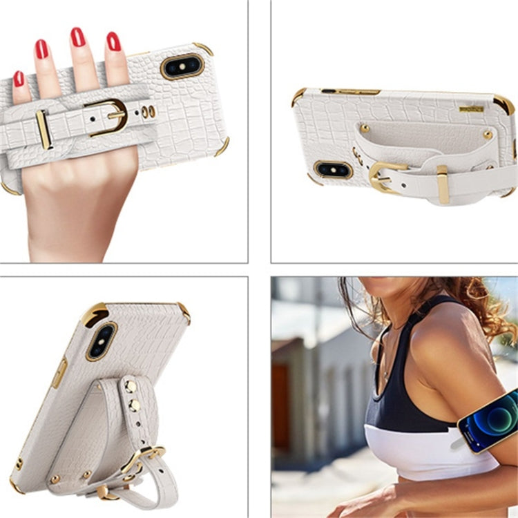 For iPhone X / XS Electroplated TPU Crocodile Pattern Leather Case with Wrist Strap(White) by buy2fix