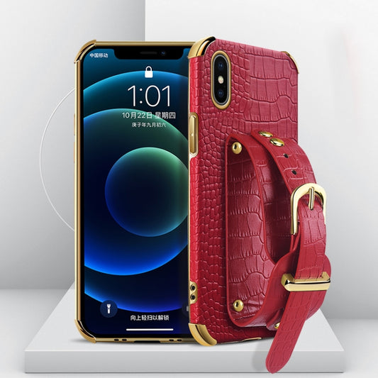 For iPhone X / XS Electroplated TPU Crocodile Pattern Leather Case with Wrist Strap(Red) by buy2fix