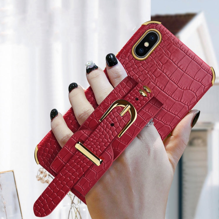 For iPhone X / XS Electroplated TPU Crocodile Pattern Leather Case with Wrist Strap(Red) by buy2fix