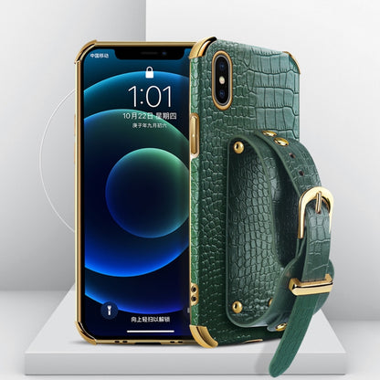 For iPhone X / XS Electroplated TPU Crocodile Pattern Leather Case with Wrist Strap(Green) by buy2fix