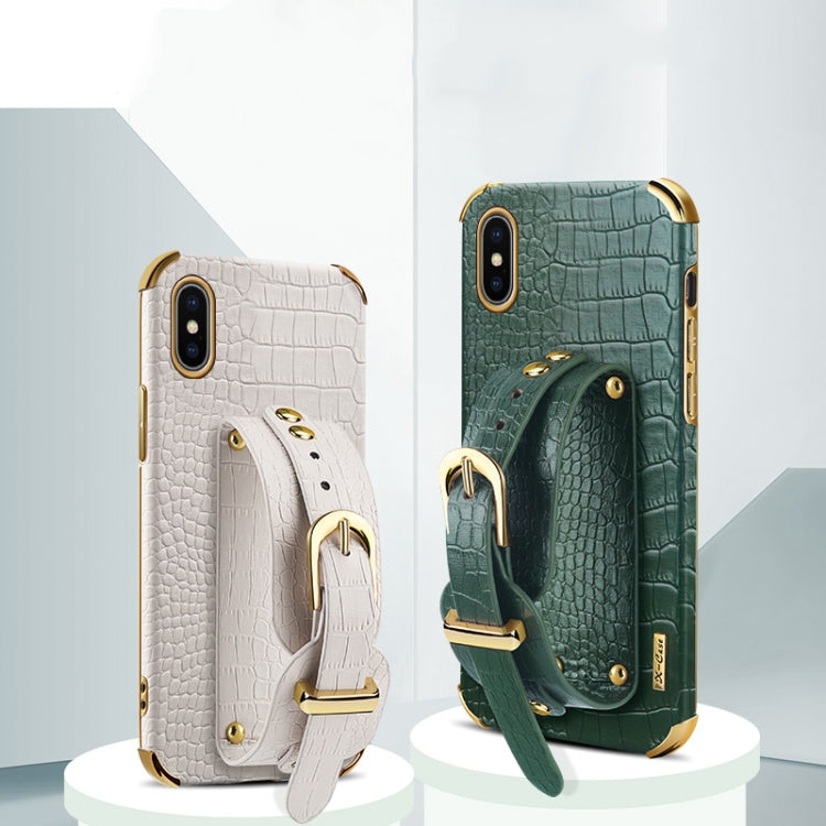 For iPhone X / XS Electroplated TPU Crocodile Pattern Leather Case with Wrist Strap(Green) by buy2fix